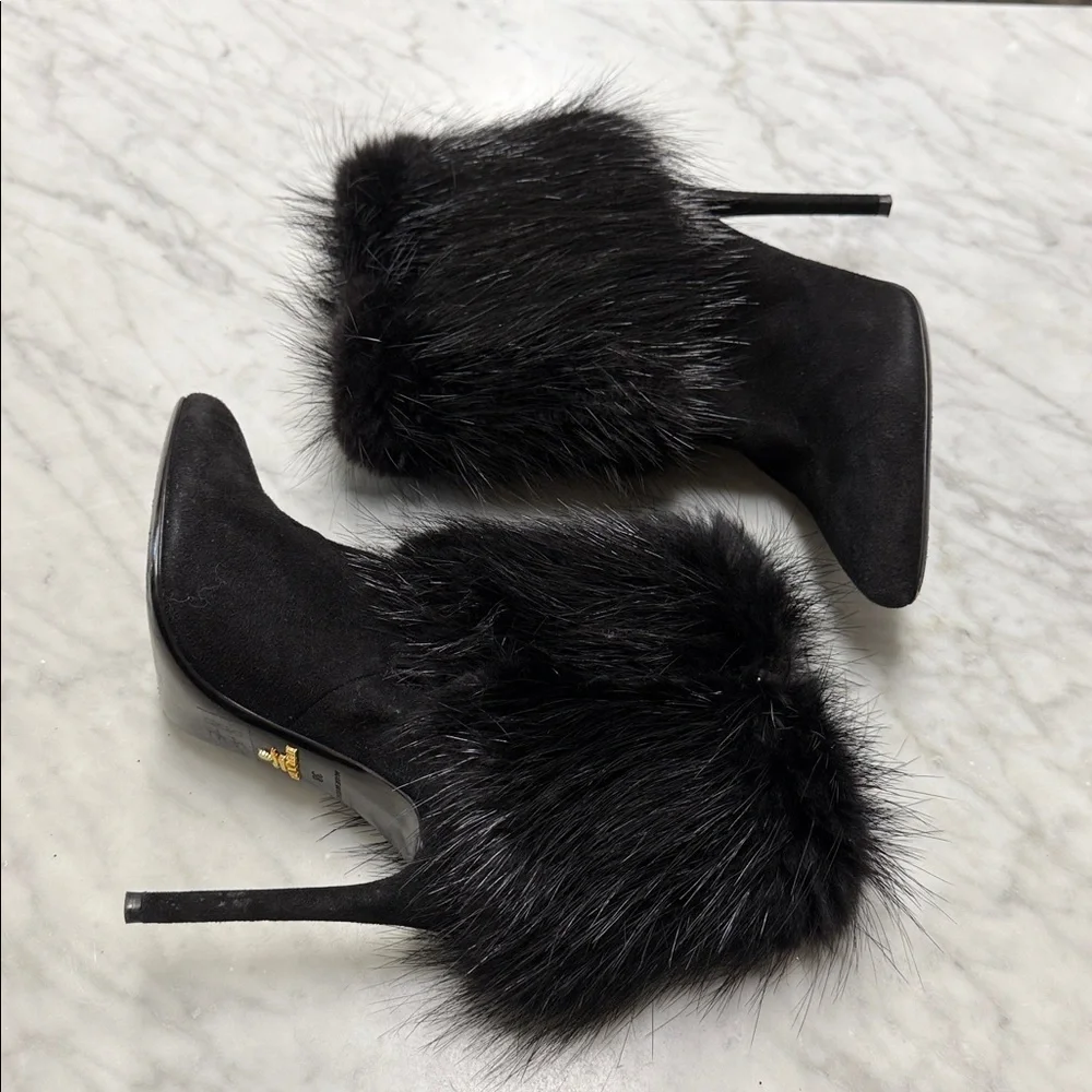Prada Fur Trim Stiletto Heel Pointed Toe Bootie Size 38